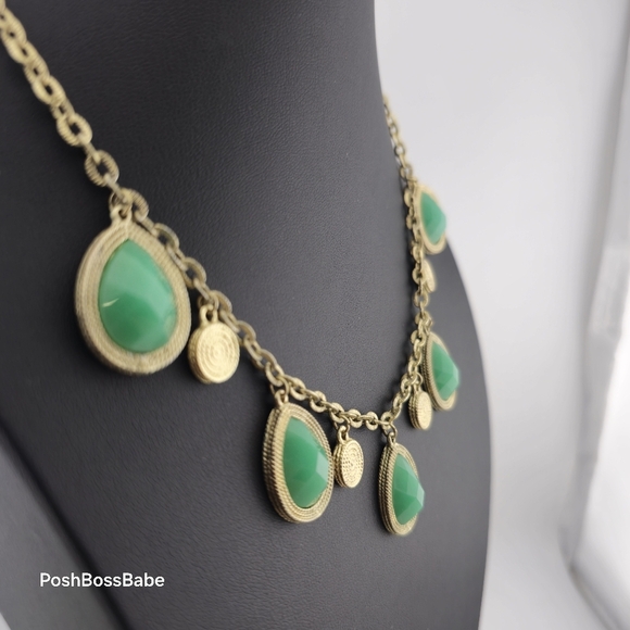 Gold & Green Stone Teardrop Charm Necklace - 16.5"-19.5" - Picture 2 of 8